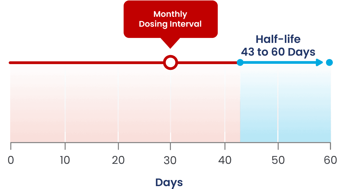 SUBLOCADE has a long half-life of 46-60 days and a monthly dosing interval graphic